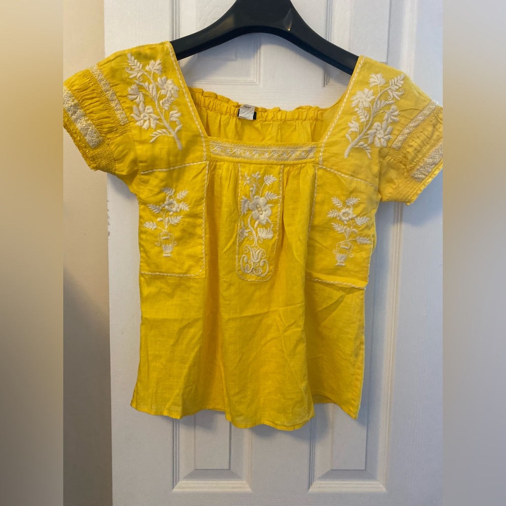 J. Crew Yellow Short-Sleeve Embroidered Peasant Top